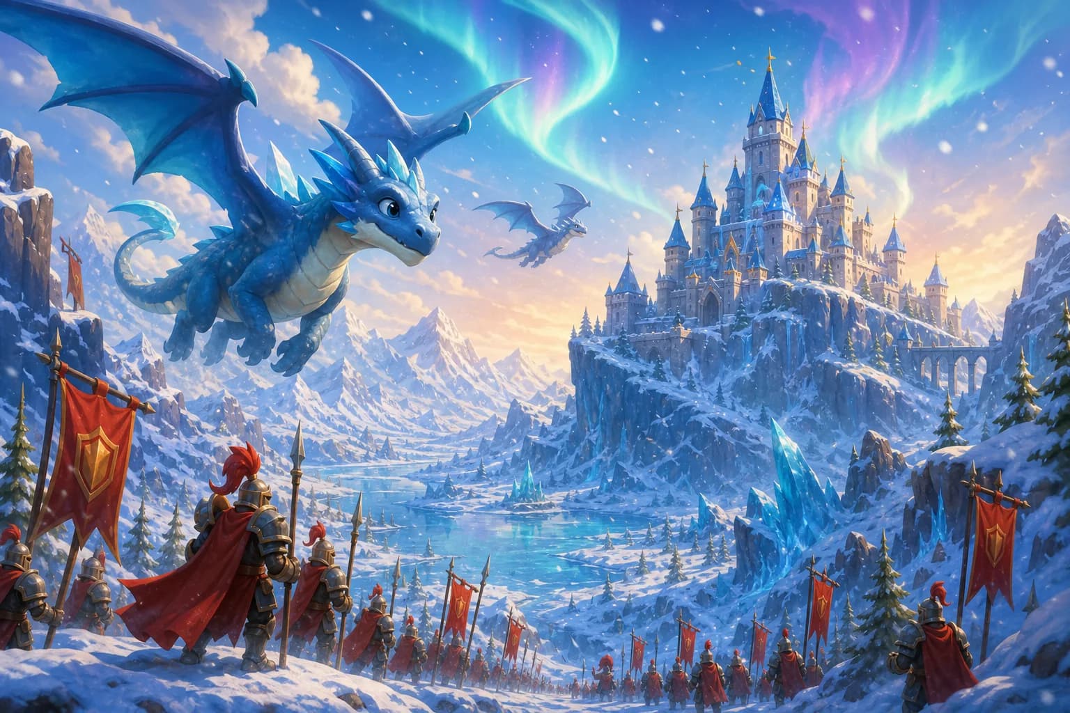 Frost Kingdom cinematic battlefield with castle, dragons, and aurora